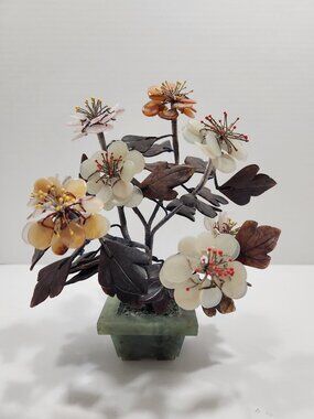 Vintage Chinese Flowering Bonsai Tree Carved Semi Precious Stones